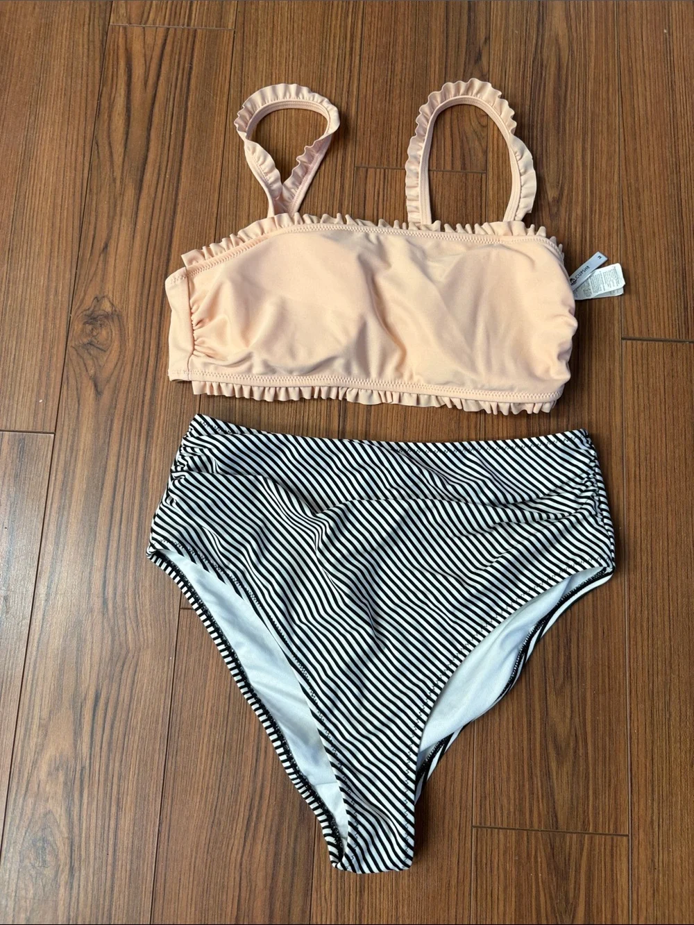 Cupshe Peach Ruffle Bandeau Top with Black & White Striped High-Waist Bottom